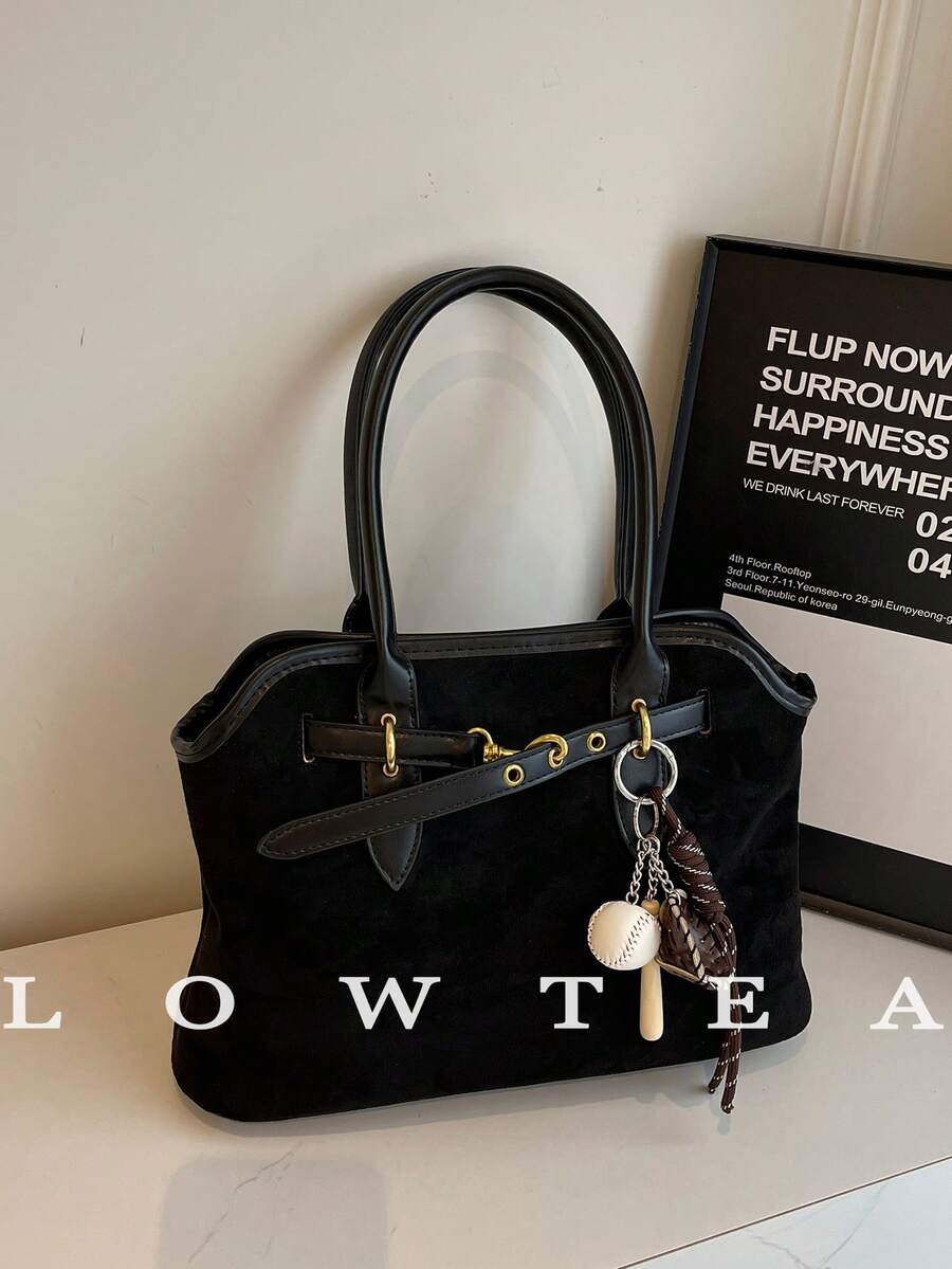 low tea 1 件女式绒面革和 PU 皮革撞色单肩包，复古时尚休闲单肩包，双手柄，拉链开合，适合日常、约会、通勤，配有吊坠