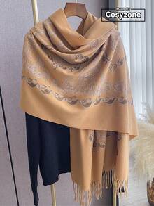1pc Faux Cashmere High-Quality Bohemian Embroidered Scarf For Women, Fashionable & Versatile, Thick & Warm, Tasseled Embroidery Shawl Wrap, Suitable As Gift For Women/Mothers, Daily Wear
