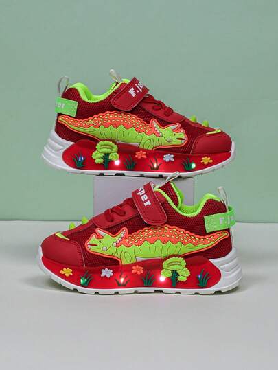 Infant Fashion LED Lighting Dinosaur Mesh Breathable Sports Shoes, Suitable For Boys And Girls - Casual, Shock-Absorbing, All-Season Anti-Slip Outdoor Running And Walking Shoes