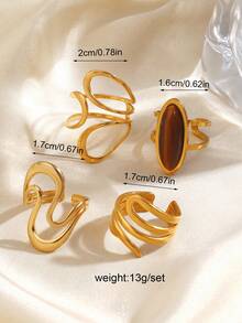 4pcs/Set Stainless Steel Minimalist 18K Gold Plated Geometric Tiger Eye Stone Line Open Ring, Suitable For Women's Daily Wear - Multicolor - View 2
