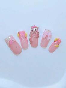 10Pcs Y2K Nails Pipe-Shaped Press On Nails Set - Handcrafted, Yellow Nails, Yellow French Tip Style, Hand Drawn Yellow And Pink Stripe French Style, Handmade 3D Monkey And Handmade 3D Banana Pattern, Hand Drawn Transparent 3D Pattern Design - Suitable For Women And Girls, Party, Wedding Nail Supplies Nails - 多色 4 - 查看 4