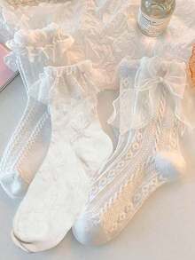 6 Pairs Charming Cute Bow & Ruffle Design Crew Socks - Japanese Fashion Crew Style - Soft Comfortable Ladies Stockings - Add Bright Colors To Your Wardrobe, Fall - Nhiều màu - Xem 2