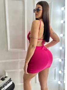 Vestido curto feminino de tecido elástico alto sem mangas com detalhe nas costas - Rosa chiclete - Visão 3