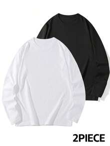 2 piezas Camisetas de manga larga de ajuste holgado y unicolor para mujer, versátiles, para primavera/otoño de uso casual - Negro + Blanco - Ver 3