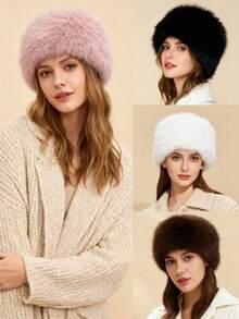 1Pc Women's Solid Color Plush Warm Earmuffs Thick Brim Hat, Winter Korean Style, Suitable For Women's Hair Accessories, Imitation Fox Fur Hat, Resist The Cold And Keep Warm,Women's Solid Color Fluffy Patchwork Thick Warm Fluffy Bucket Hat - Multicolor - View 7