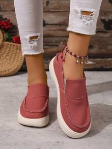 1 Pair Women's Casual Slip-On Canvas Sneakers, Solid Color PU Low-Top Outdoor Leisure Hiking Lightweight Flat Shoes - Orange - View 4