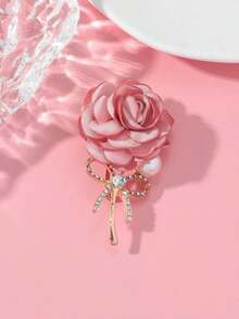 1pc Romantic Pink Rose Flower Shaped Brooch With Faux Pearl And Rhinestone Decor For Women's Casual & Party Outfits - 紅色 - 查看 1