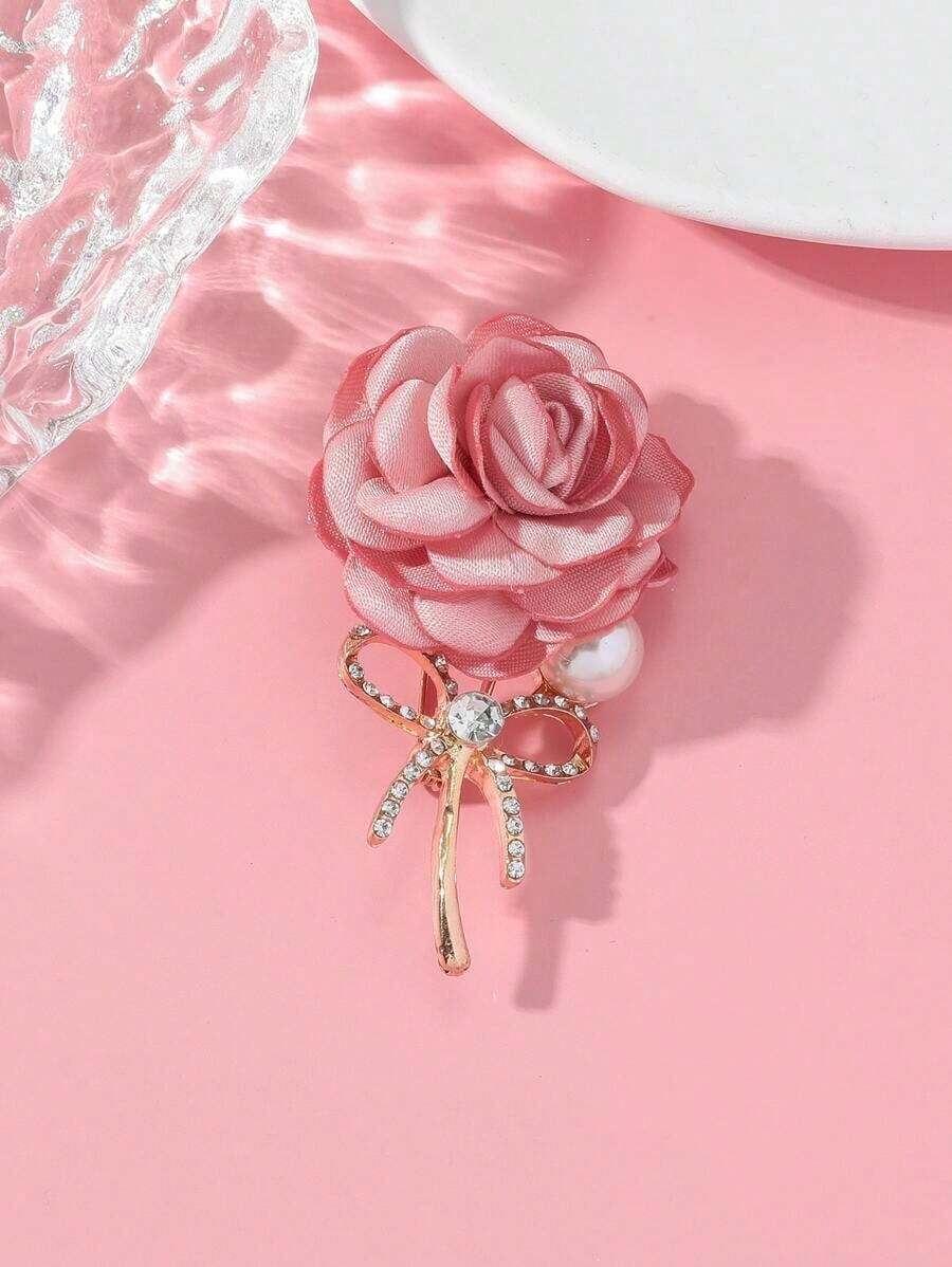 1pc Romantic Pink Rose Flower Shaped Brooch With Faux Pearl And Rhinestone Decor For Women's Casual & Party Outfits - 紅色 - 查看 1