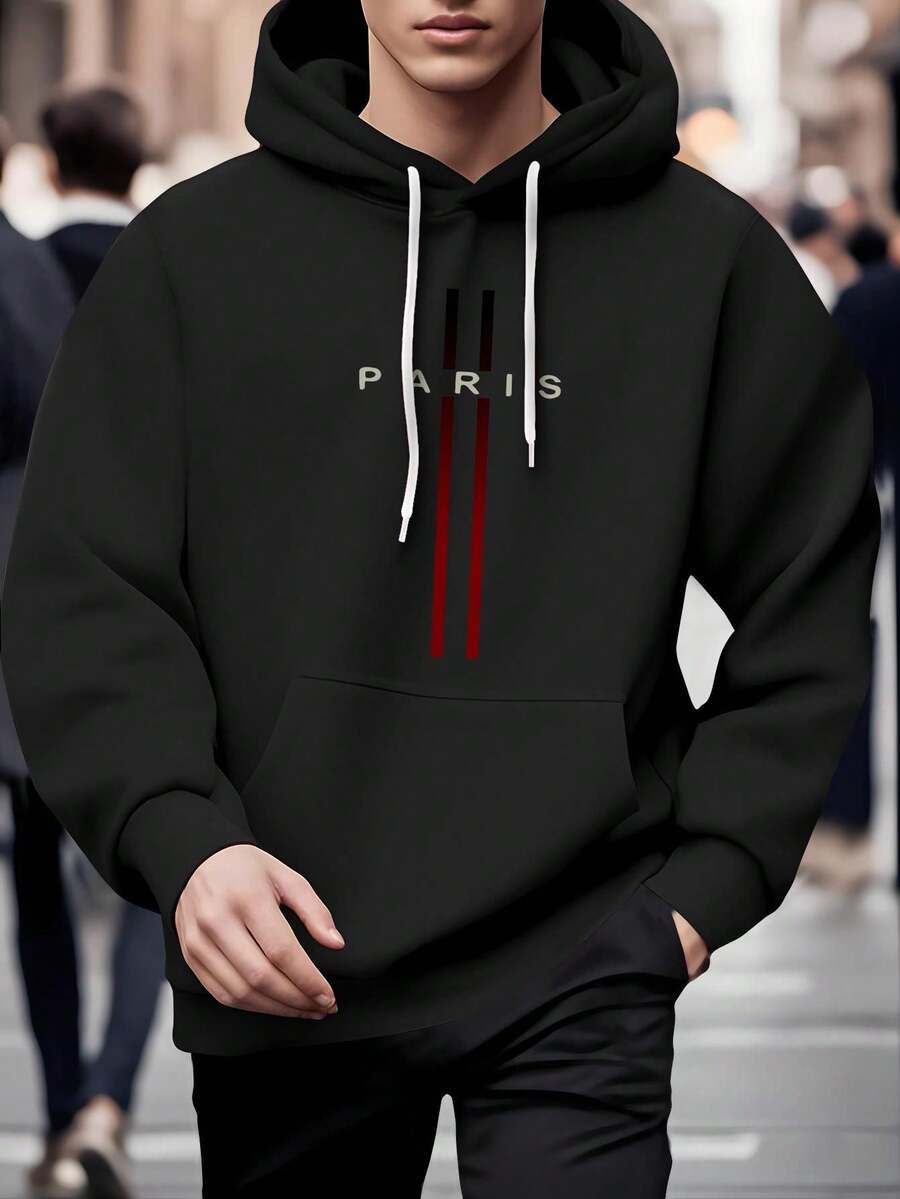 Men Plus Size Men Casual Hoodie With Stylish Paris Print Pocket Long Sleeve Ideal For Fall And Winter Perfect Gift Casual Winter WearSleek Pullover Pocket Hoodie Big Men Size L-3XL 4XL 5XL - màu đen - Xem 1