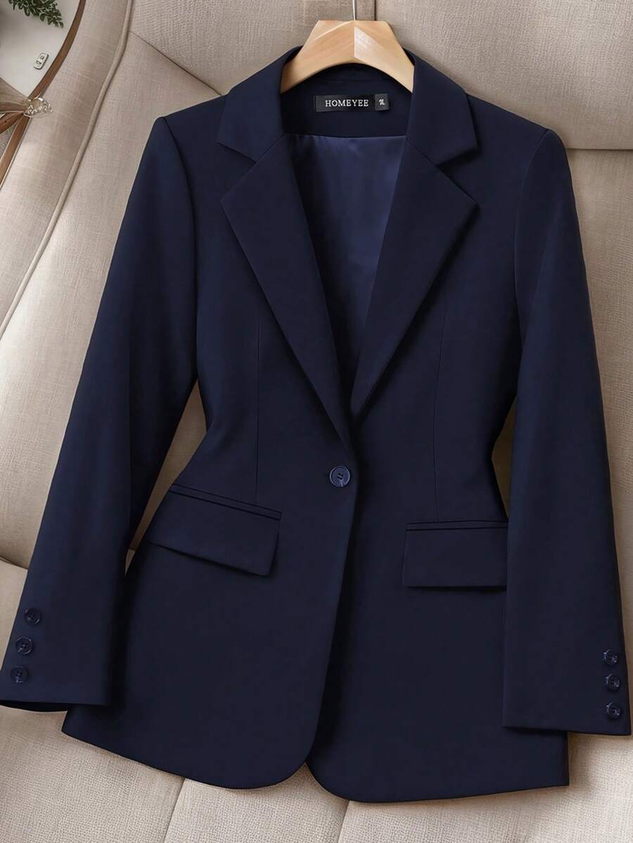 HOMEYEE Áo khoác nữ cổ ve dài tay có túi cổ điển thanh lịch thường ngày đi nghỉ chuyên nghiệp OL cỡ lớn, thích hợp cho mùa xuân, thu, đông - Màu xanh hải quân - Xem 1