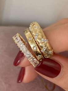 rundraw 2026 节日新款优雅奢华星形麦穗铜锆石金/银开口戒指套装（3件套），适合女士日常、约会、舞会、派对、搭配日常服饰，是送给朋友、情侣、新年、情人节的最佳礼物。