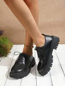 Women's Fashion Thick Sole Loafers, Round Toe Lace-Up Casual Shoes