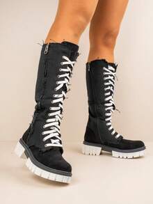 Winter Lace Up Knee High Boots With Chunky Outsole - Black - View 4