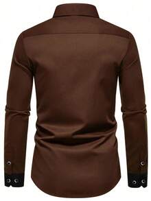 Áo sơ mi nam dài tay viền tương phản, họa tiết vá màu nâu phối đen - màu nâu - Xem 2