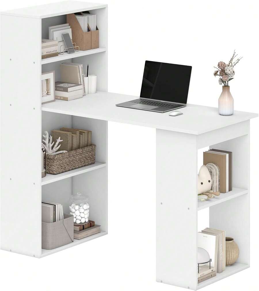 HOMCOM Modern Home Office Desk With 6-Tier Storage Shelves, 47 Writing Desk With Bookshelf, White - màu đen - Xem 1