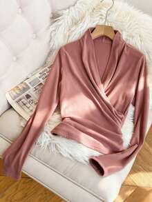Camiseta feminina de lã quente com decote em V e manga comprida, elegante, casual, slim fit, rosa, outono/inverno - Rosa Cinza - Ver 2