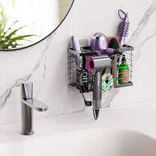 POJHK Hair Dryer Holder Hair Tool Organizer 3 In 1 Metal Bathroom Organizer Adjustable Height Blow Dryer Holder Wall Mounted Under Sink Countertop For Flat Curling Iron Hair Straighteners - 黑色 - 查看 6