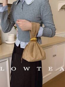 low tea 1pc Solid Color Suede Fabric Handbag For Women, Personalized Mini Cloud Pleated Bag With Metal Decor Zipper Closure, Suitable For Daily And Outing Use - Khaki - View 7