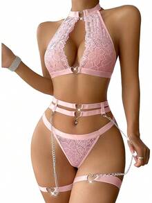 Halter Heart Ring Cutout Chain Floral Lace Sheer Garter Belt Lingerie Set 3 Piece - 粉色 - 查看 2