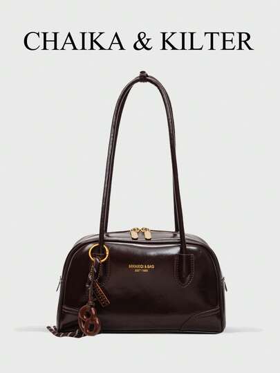 CHAIKA & KILTER 1 件纯色亮面 PU 面料单肩包，女士时尚大容量保龄球包，双手柄设计带拉链开合，适合日常和户外使用（与吊坠一起出售）