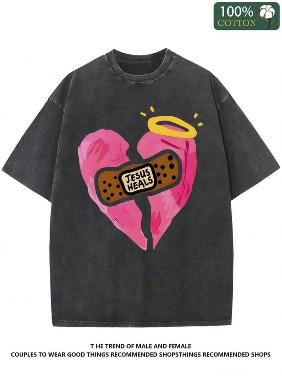 Jesus Healing Christian Printed T-Shirt, 1 Piece, 230g Washed, High-Quality Wax Printed Cotton Retro Fashion Brand T-Shirt, Suitable For Summer T-Shirt With A Certain Thickness, Holiday Gift - Unisex Plus Size Top-Valentine Gift - 黑色 - 查看 1