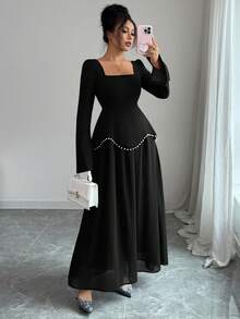 Vestido largo elegante para mujer de LilyHouse, vestido de noche romántico para fiesta de vacaciones con decoración de perlas, vestido de manga larga ajustado de cuello cuadrado, adecuado para vestido de fiesta elegante, boda, Día de San Valentín - Negro - Ver 2