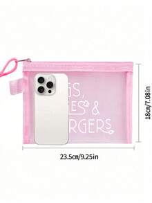 Mesh Cosmetic Bag With Data Cable Pattern,Charger Letter Pattern Design,Red Air Cushion Storage Portable Storage Bag, Makeup Bag, Skincare Bag, Travel Essentials, Dormitory Supplies, Wedding Bride Gifts, Mother Gifts, Birthday Gifts, Gifts For Friends And Teachers, Bathroom Storage, Jewelry Storage, Lip Oil And Cosmetics Storage Bag