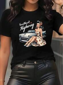 Camiseta Gráfica Pinup para Mujer - Camiseta Casual de Manga Corta de Alta Calidad a un Precio Accesible - Negro - Ver 8