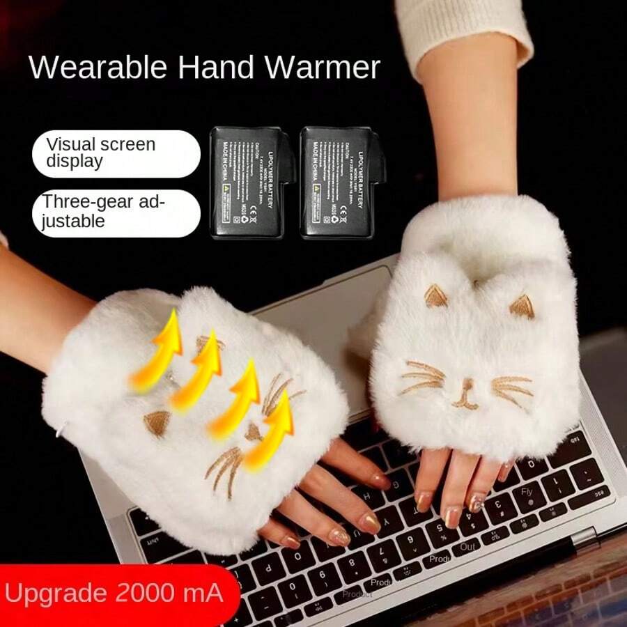 Ladies' Cat Paw Heating Warm Gloves, 2000 Mah Battery, Rechargeable, 3 Temperature Settings, Up To 3.5 Hours Of Battery Life, 36 ° C Surround Heating The Battery Level And Temperature Are Displayed In Real Time On The Screen. The Soft Fleece Is Skin-Friendly And Comfortable. The Half-Finger Gloves Are Used For Gaming, Working And Going Out To Keep Warm And Warm - 白色 - 查看 1