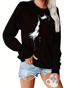 Women's Casual Long Sleeve Hoodie, Black And White Animal Horse Pattern Design, Round Neck, Machine Washable, All-Season Comfortable, Daily Wear, Loose Fit 2025 - 黑色 - 查看 1