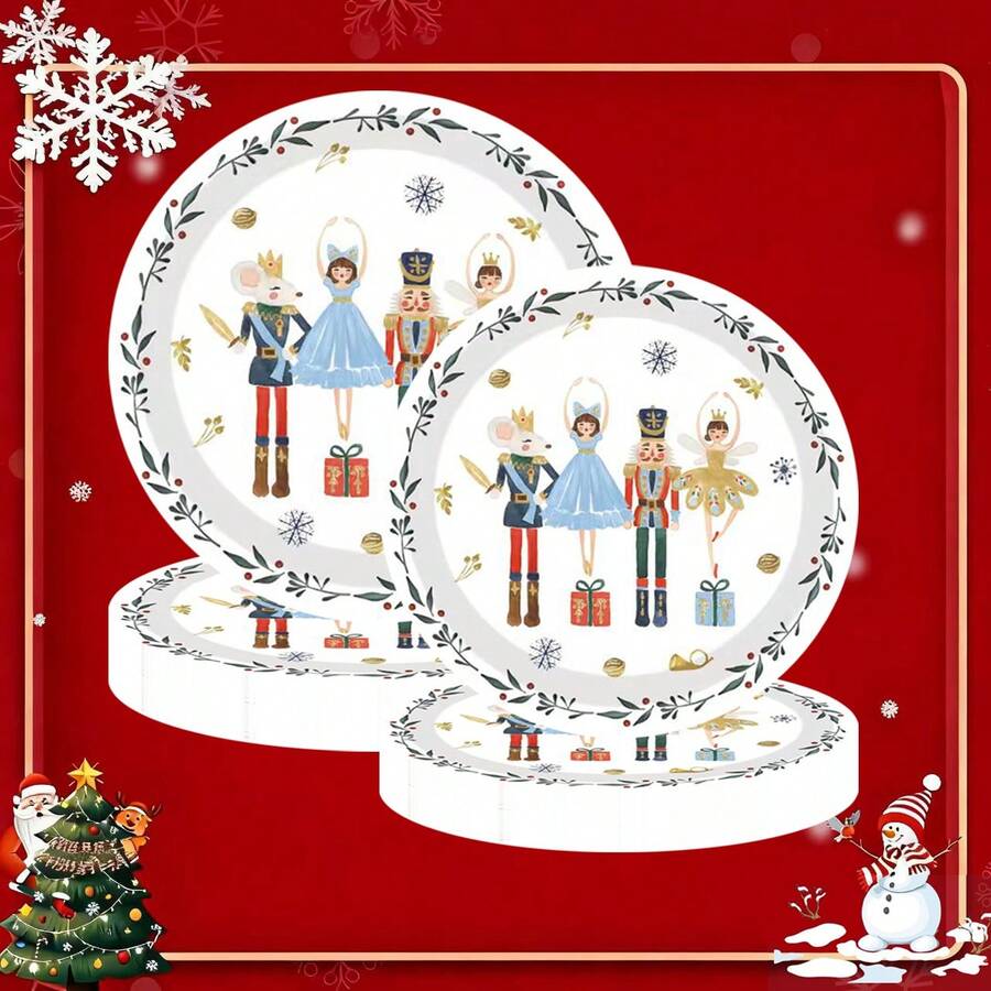 10pcs/20pcs/40pcs/50pcs,Christmas Nutcracker Paper 7inch And 9inch Plates Merry Christmas Round Party Plates Winter Holiday Ballet Rocking Horse Fairy Ornaments Disposable Dinner Dessert Plates For Xmas Events Gatherings Party Supplies - White - View 1
