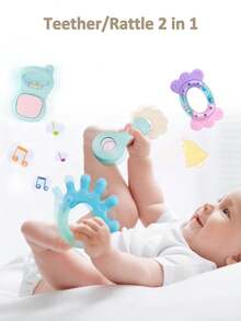 14件婴儿摇铃安抚玩具套装，含抓握、摇铃、牙胶感官玩具，易于抓握，适合新生儿，促进早期感官发育，带收纳盒，非常适合新生男婴女婴生日/节日礼物（包装盒、图案、配件、颜色随机）
