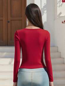 Women Solid Long Sleeve Shirts Slim Fit Deep V Neck Cut Out Crop Tops For Spring Fall Streetwear - Burgundy - View 4
