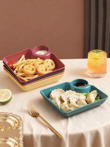 4-Piece Set Of Plates: Potato Chip Plate, Sushi Plate, Dumpling Plate, Square Dim Sum Plate, Reusable Food Container, Sauce Separation Plate, Dessert Plate - View 3