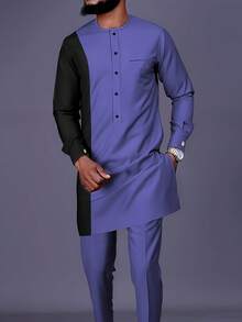 Men's Casual Long-Sleeved Two-Piece Suit, Mid-Length Top And Trousers - 藏蓝色 - 查看 1