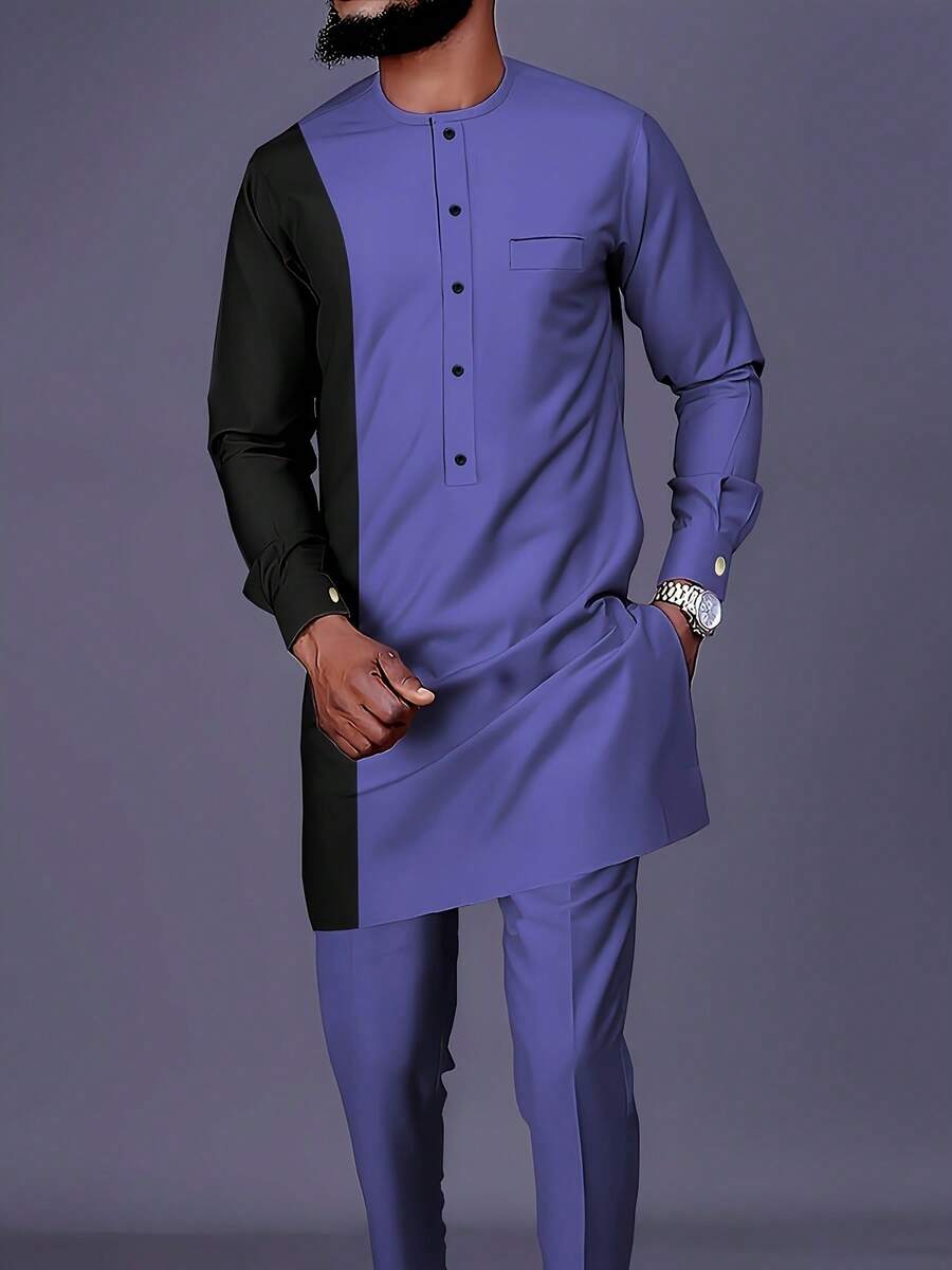 Men's Casual Long-Sleeved Two-Piece Suit, Mid-Length Top And Trousers - 藏蓝色 - 查看 1