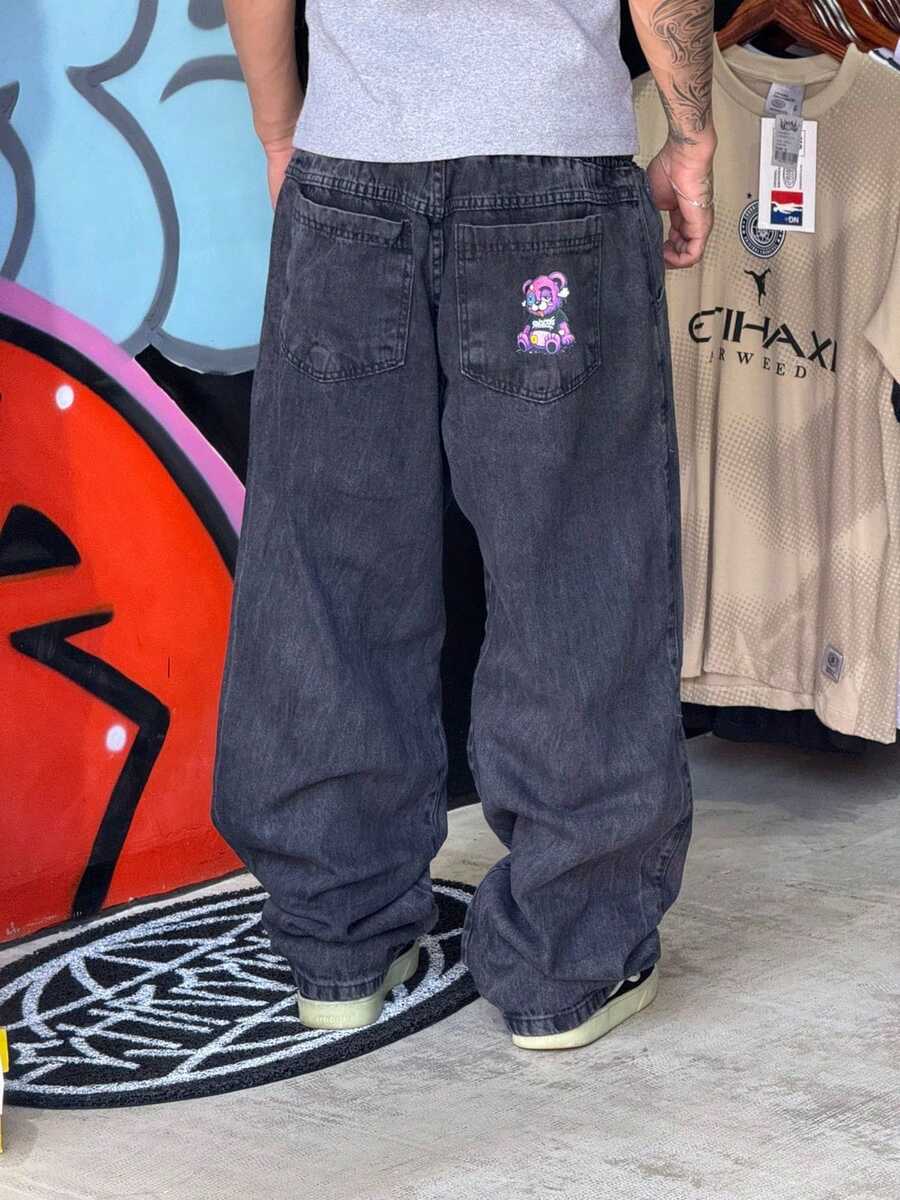 Baggy Pants Marbled Wide Faded Bear Balloon Cos Elastic Gray Hip Hop Promotion Premium Loose Pocket - màu đen - Xem 1