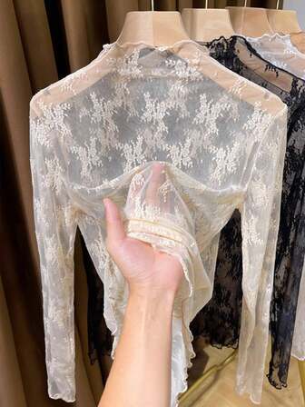 2025 Ny ankomst Dam Spetsmönstrad Halsringning Lager-på-lager Mesh Transparent Långärmad Slim Fit Undertröja, Vår/Sommar/Höst