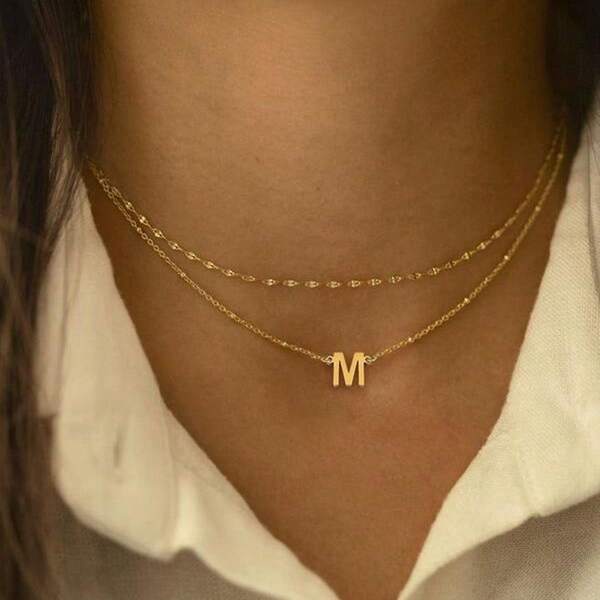 2 Stücke/Set Damen Doppel-Edelstahl Halskette, 26 Gold- und Silber-Initialen