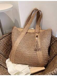 DESC Large Summer Straw Shoulder Bag With Key Ring, Zipper Closure, B-11 STRAW - Brown - View 5