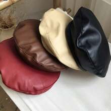 1pc Women's Black Flat Top Beret Hat, Versatile PU Painter Beret, Pumpkin Hat, Autumn/Winter