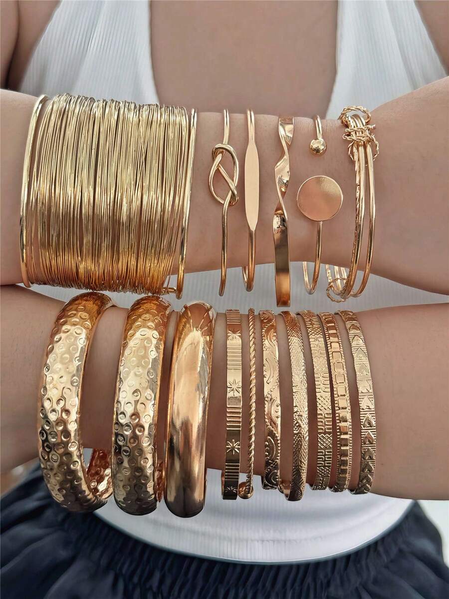 1-25pcs Minimalist Five-Pointed Star Bracelet Set - Yellow Gold - View 1