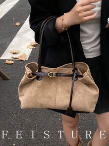 1pc Faux Suede Fashion Color Block Handbag, Strap Decor Shoulder Bag, Magnetic Closure, Suitable For Daily Outing, Dating, Commuting - Khaki - View 6