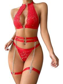 Halter Heart Ring Cutout Chain Floral Lace Sheer Garter Belt Lingerie Set 3 Piece - 紅色 - 查看 3