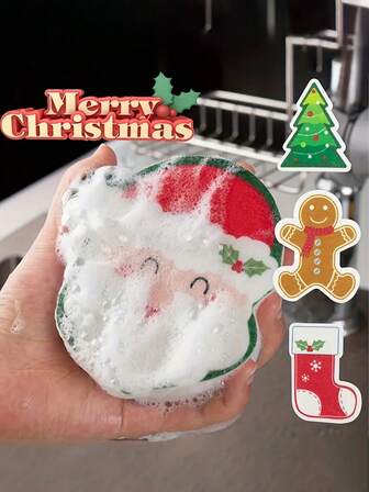 1 件套圣诞厨房海绵套装 - 双面设计，可爱的圣诞树百洁布 3D 圣诞树形状家用洗碗布，带有圣诞老人、树和袜子图案，非常适合节日装饰和礼物