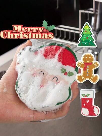 1-Piece Christmas Kitchen Sponge Set - Double-Sided Design, Cute Christmas Tree Scouring Pad 3D Christmas Tree Shape Home Dishcloth With Santa Claus, Tree And Sock Patterns, Perfect For Holiday Decoration And Gifts