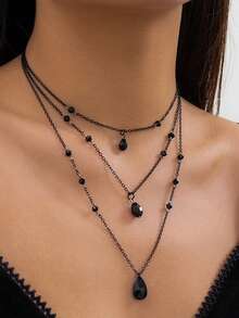 3pcs/Set Gothic Style Personalized Sweet And Cool Dark Rhinestone Black Blood Drop Tassel Necklace Choker For Women, Halloween Party Accessories, Halloween Gift For Friends - Black - View 3