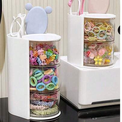 1 件多层旋转隔层发饰收纳盒、发夹和领带收纳盒、头饰展示盒、梳子、眼镜、化妆刷、眉笔的实用收纳盒、简约实用的 PET 材质发饰盒、礼品盒、生日礼物