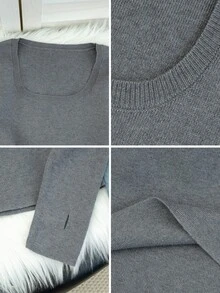 女士轻薄简约方领长袖上衣，修身下摆，春季新品，适合居家、通勤、约会、街头穿搭，时尚百搭 - 深灰色 - 查看 7