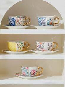 1 set de tasses et soucoupes en céramique avec motif grue et osmanthe, ensemble de tasses à lait/café asymétriques avec bordure dorée de luxe, convient pour la maison, le restaurant, le café, la pâtisserie, les cadeaux, les fêtes